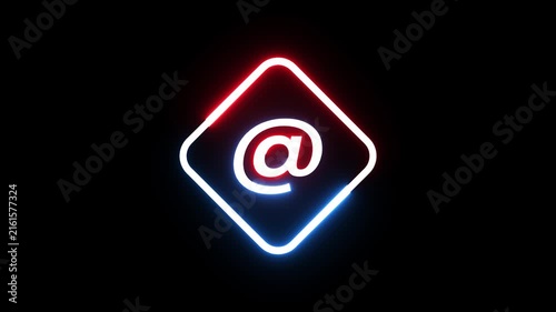 Glowing at symbol inside diamond neon frame floating against dark void digital motion clip.