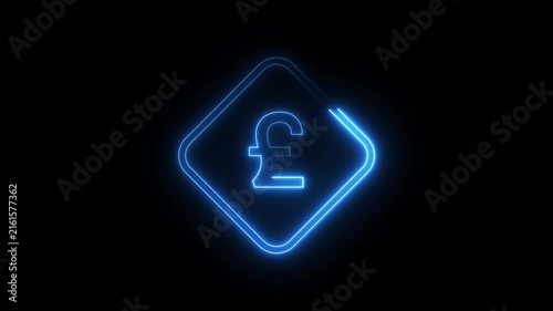Pound sterling currency symbol glowing with blue neon light in motion on black background.