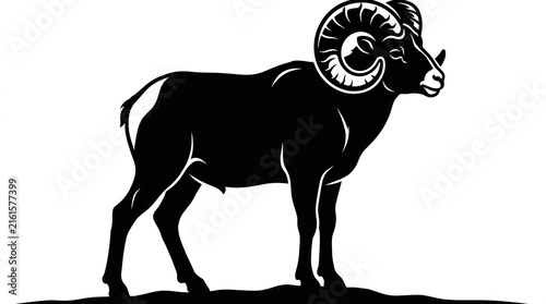 Minimalist black silhouette graphic featuring majestic ram standing proudly in side profile view design element with solid white background curved horns standing