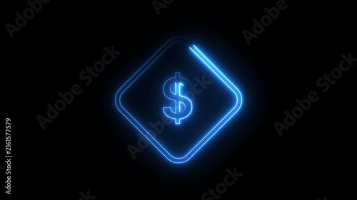 Blue neon dollar sign flickering in diamond frame on black background motion graphic clip.
