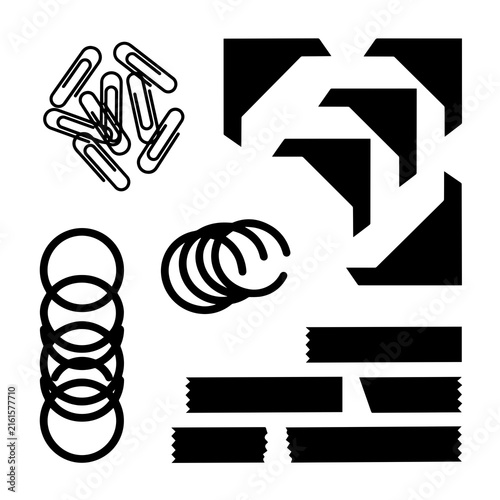 Collection of black silhouette office supplies including paper clips, binder rings, corner holders, and adhesive tape strips on white
