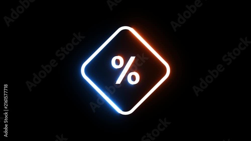 Glowing percentage symbol inside square shape with pulsing neon light on black background.