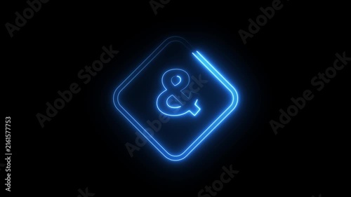 Neon blue ampersand symbol glowing inside diamond frame on black background motion footage.