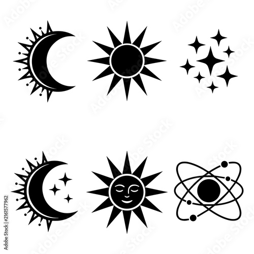 Six celestial including crescent moons with rays, radiant suns, star clusters, and an orbital planet model in black and white silhouette
