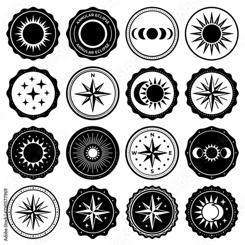 Sixteen circular emblems featuring celestial themes like solar eclipses, moon phases, compass stars, and sun rays in black and white silhouette