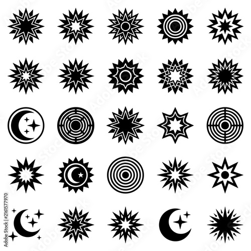 Twenty five geometric star and circle featuring various radiant shapes, concentric rings, and crescent moons in black and white silhouette