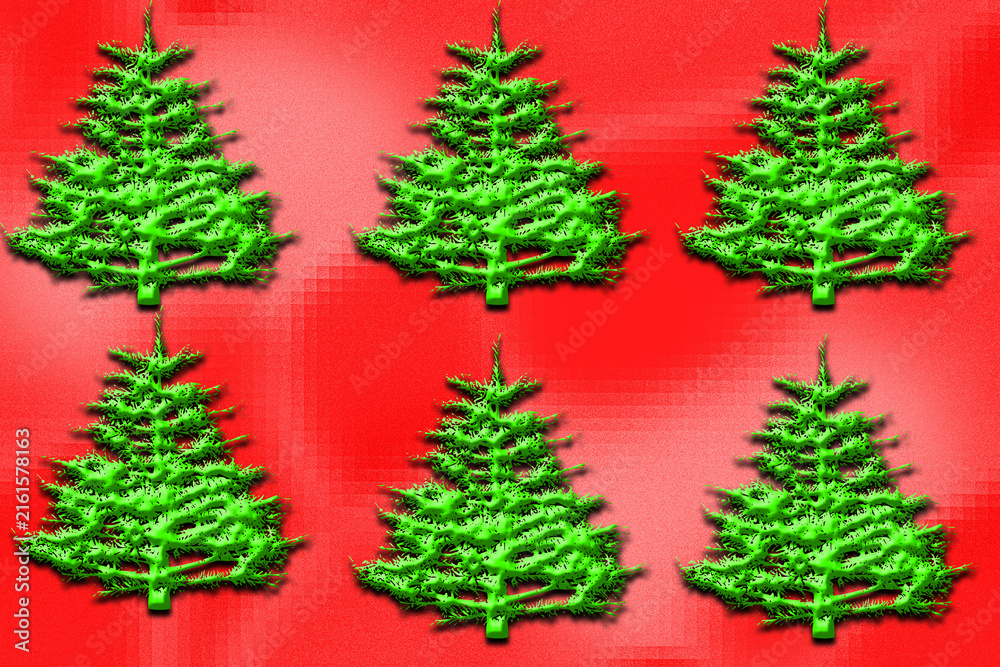 Fototapeta premium Green Christmas Trees on Red Background