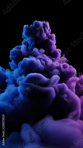 Blue and purple ink swirling in liquid on black background. Fluid motion of vibrant pigment clouds. Abstract gaseous texture for digital creative media design.