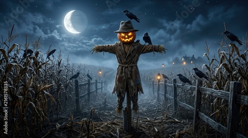 Eerie halloween scarecrow with a glowing jackolantern head standing in a dark, misty cornfield under a crescent moon with black crows