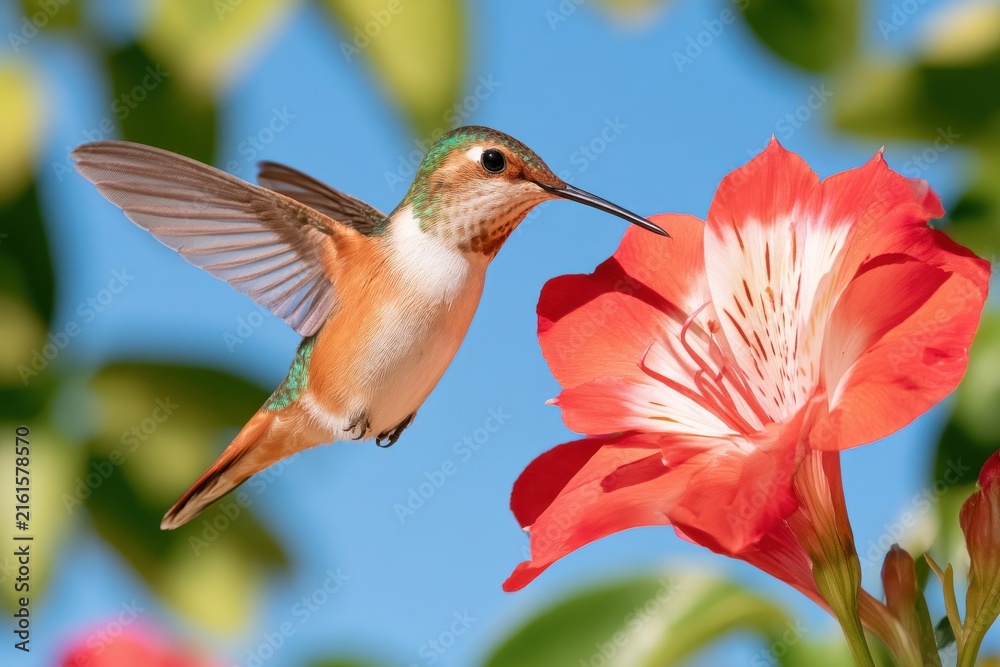Naklejka premium Hummingbird hovering mid air sipping nectar from vivid red flower against blue sky