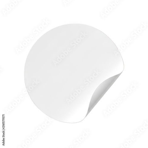 Blank white round sticker with curled corner isolated on white background