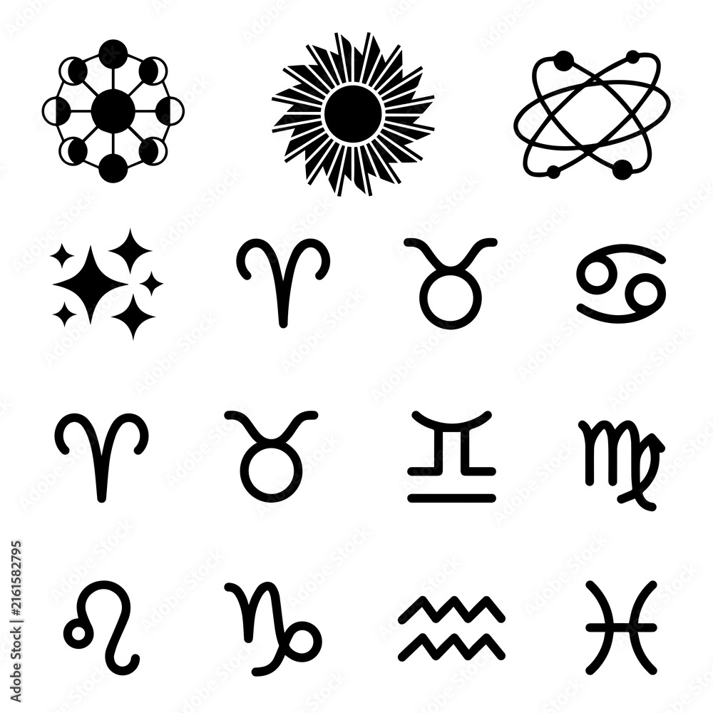 Fototapeta premium Collection of astronomical and zodiac symbols including moon phases, a sun, an atom model, stars, and various astrological zodiac sign