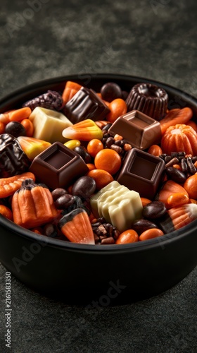 Close up of a black bowl filled with assorted Halloween candies and chocolate treats, showing why families stock sweets for trick or treaters during festive October party celebrations