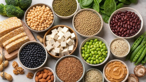 Assortment of plant protein foods arranged in bowls with legumes, tofu, tempeh, grains, nuts, spinach, and vegetables. Healthy vegan nutrition concept for balanced diet planning.