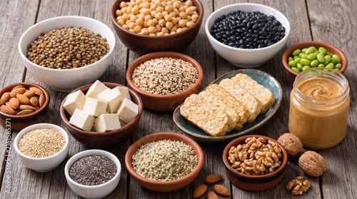 Assortment of plant based protein foods in bowls on rustic wooden table. Healthy vegan nutrition with legumes, tofu, tempeh, seeds, nuts and nut butter.