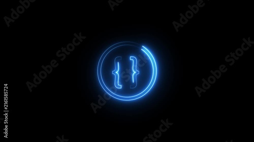 Neon blue curly brackets icon glowing inside circular loader animation on black background.