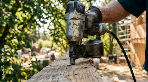 Carpenter Driving Fasteners into Wooden Beam with Pneumatic Nail Gun | Close-Up Hand Holding Industrial Pneumatic Coil Nailer on Timber Framing | Woodworking Specialist Operating Pneumatic Nailer