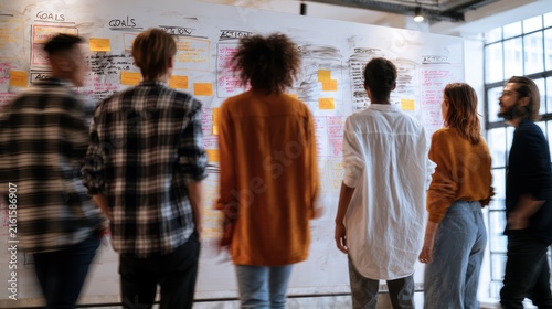 Diverse corporate team standing near large whiteboard covered with strategy diagrams in bright modern office during morning workshop collaborating on business goal setting concept