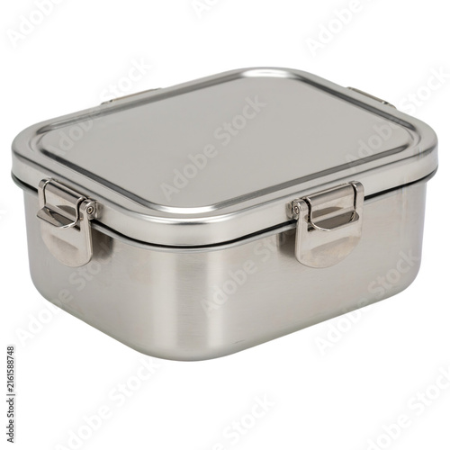 A rectangular stainless steel food storage container with a locking lid isolated on transparent background