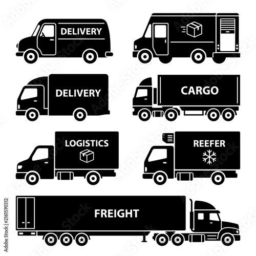 Obraz na plátne Set of black silhouette depicting various delivery and logistics trucks with tex