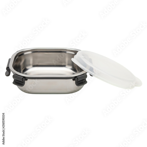 Stainless steel food container with a clear plastic lid isolated on transparent background