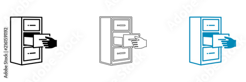 Modern filing cabinet with open drawers in three different styles isolated on transparent background, Vector