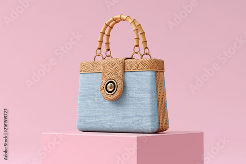 Luxury woven bamboo handbag with metallic clasp and modern geometric design on pink background