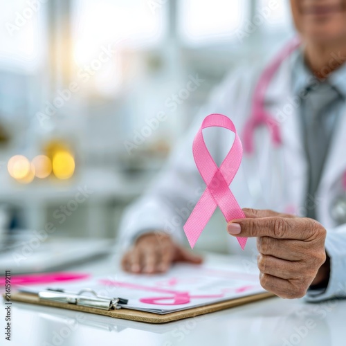 Close up of caring doctor holding pink ribbon awareness pin above medical clipboard on clean clinic desk during daytime for breast cancer healthcare support and campaign concept