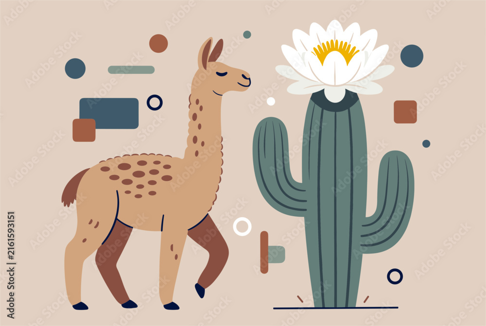 Naklejka premium Charming desert scene illustration featuring a brown llama walking next to a tall saguaro cactus with a large white flower.