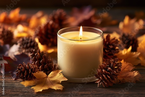 Close up of glowing lit scented wax candle surrounded by dry autumn leaves and pinecones on rustic wooden table in cozy living room for warm seasonal home fragrance concept