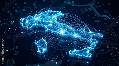 Luminous outline of Italy map with glowing blue connections, representing digital network, data transfer, and connectivity across country for technology concepts.