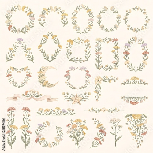 Yarrow Watercolor Floral Frames, Wreaths, Borders, Banners, Bouquets and Botanical Elements Collection