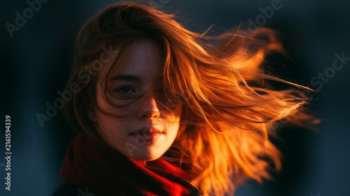 Captivating portrait of a young woman with flowing red hair illuminated by sunset, showcasing natural beauty and soft, warm lighting in outdoor setting