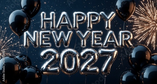 Happy New Year 2027 Balloons and Fireworks Celebration Background