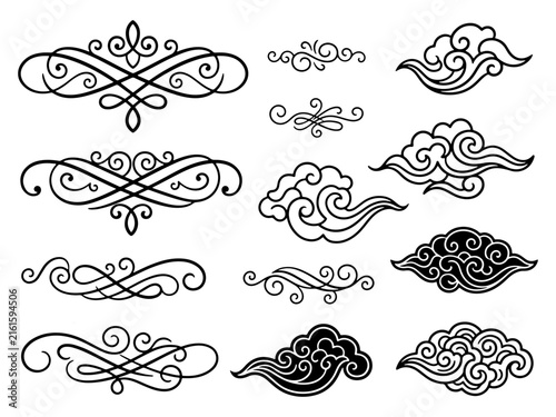 Vintage floral flourishes and oriental cloud motifs for decorative frame and border design assets.