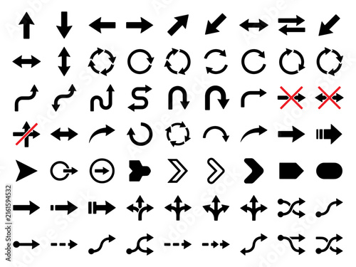 Black arrow icons set featuring direction pointers for navigation UI design and infographic elements.