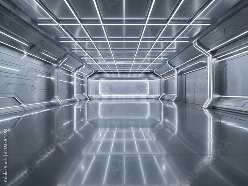 Futuristic empty spaceship corridor with metallic walls and glowing neon ceiling lights