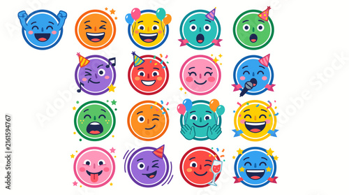 Colorful collection of vibrant vector graphic circular emoji icons showcasing diverse cheerful expressions festive party hats celebration balloons music notes and playful faces arranged in a clean