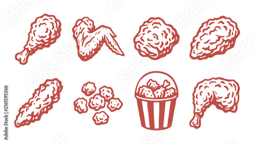 Set of hand drawn fried chicken pieces and bucket icons on white background