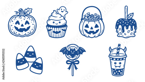 Cute Halloween set with kawaii pumpkin candy cupcake ghost lollipop and trick or treat icons