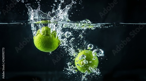 Fresh green citrus fruit dropping into clear water creating dramatic splash and dynamic air bubbles on dark background fruit splash water green fresh bubbles clean liquid dynamic motion dark