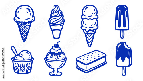 Set of hand drawn ice cream icons and delicious frozen dessert vector illustrations
