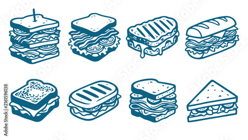 Hand drawn blue line art sandwich icons set featuring paninis, subs, and club sandwiches