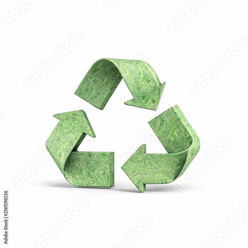 Three-Dimensional Green Recycling Symbol Made from Recycled Paper Fibers