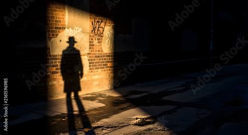 Silhouette of a man in a hat standing in front of a glowing yellow brick wall