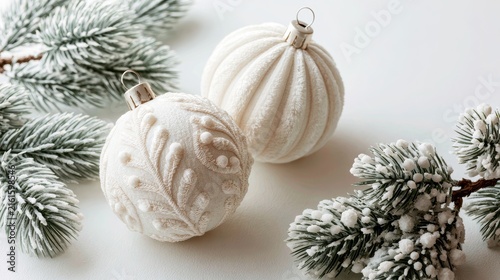 Minimal White Christmas Baubles and Fresh Pine Sprigs Composed on Clean Neutral Background in Bright Sunlit Room During Daytime for Modern Festive Holiday Decor Concept