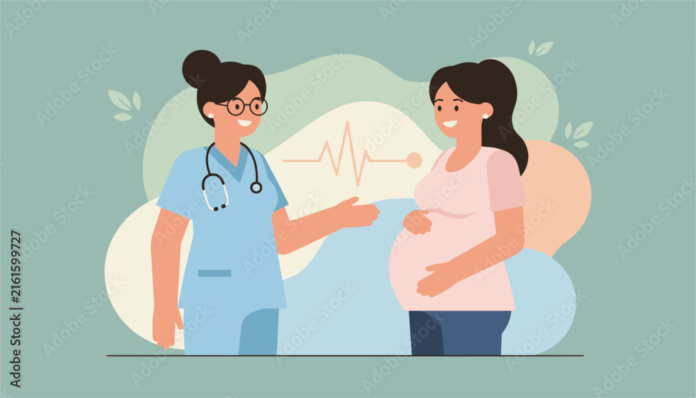 Obraz premium Female doctor consults with a pregnant woman in her clinic, with a heartbeat symbol visible in the background.