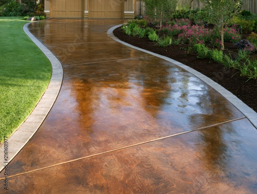 Curved stamped concrete driveway leading to residential garage with paver border. Custom decorative hardscape finishing and professional landscape design on backyard for luxury real estate promo.