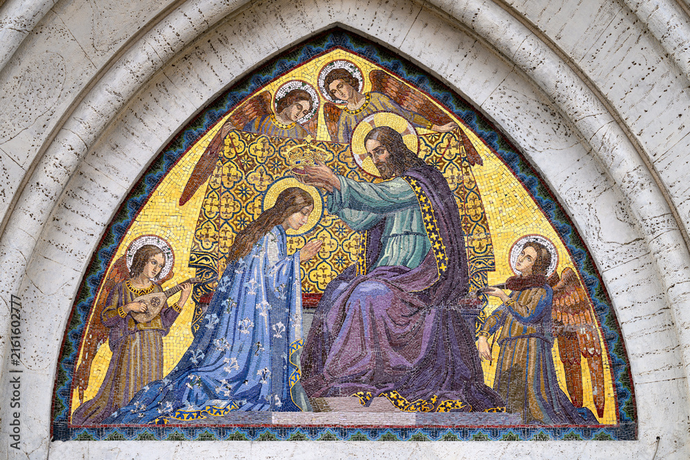 Fototapeta premium The Coronation of the Virgin Mary – mosaic on the pediment of Santa Maria del Rosario Church in Rome, Italy.