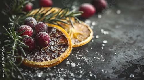 Dried orange slice and frozen red cranberries with rosemary on dark background. Christmas culinary food ingredient composition with sugar crystals for winter holiday hot mulled wine drink recipe.